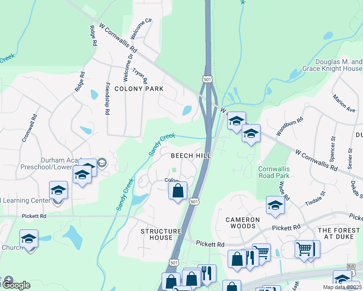 map of restaurants, bars, coffee shops, grocery stores, and more near 74 Stoneridge Road in Durham