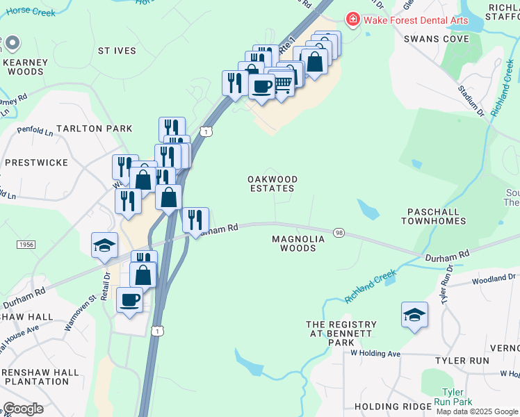 map of restaurants, bars, coffee shops, grocery stores, and more near 804 Durham Road in Wake Forest