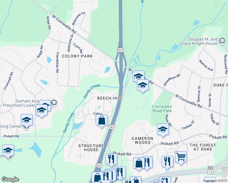 map of restaurants, bars, coffee shops, grocery stores, and more near 13 Creekview Lane in Durham