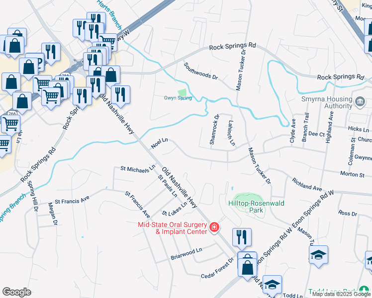 map of restaurants, bars, coffee shops, grocery stores, and more near 406 Noel Lane in Smyrna
