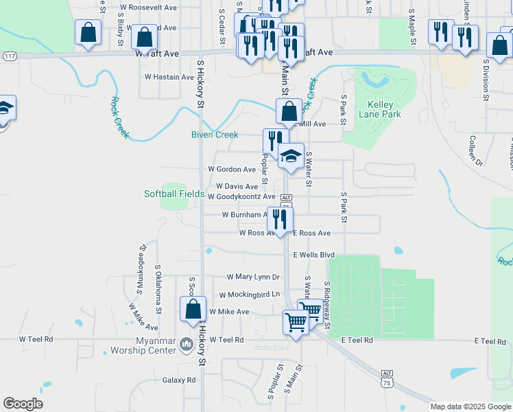 map of restaurants, bars, coffee shops, grocery stores, and more near 23 West Burnham Avenue in Sapulpa