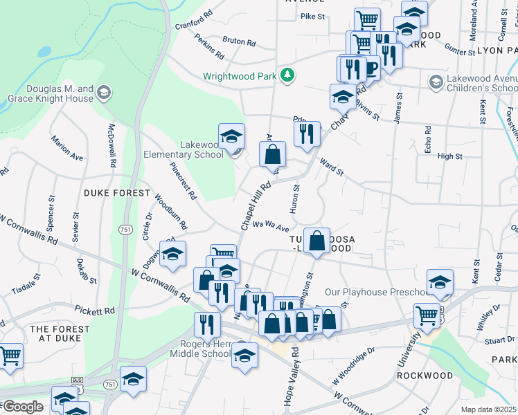 map of restaurants, bars, coffee shops, grocery stores, and more near 2525 Chapel Hill Road in Durham