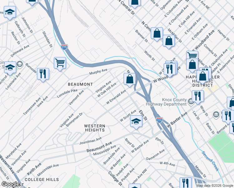 map of restaurants, bars, coffee shops, grocery stores, and more near 827 West Emerald Avenue in Knoxville