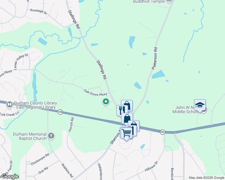 map of restaurants, bars, coffee shops, grocery stores, and more near 226 Stallings Road in Durham