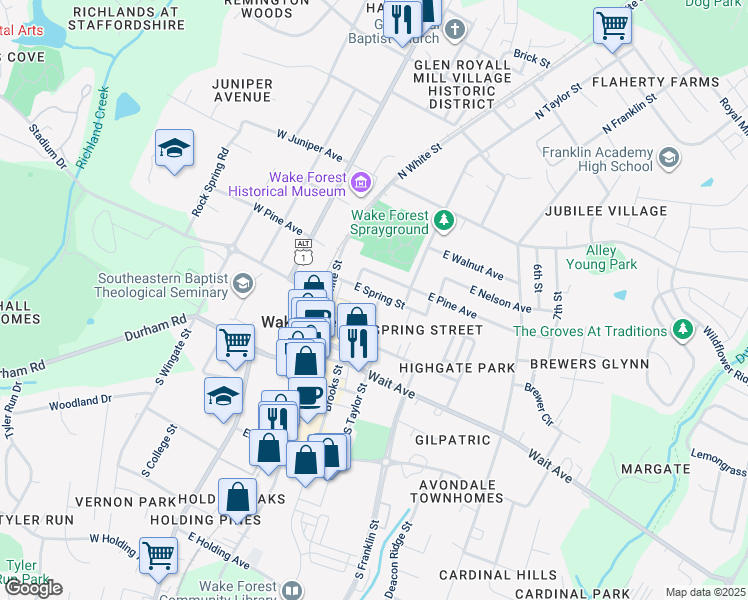 map of restaurants, bars, coffee shops, grocery stores, and more near 219 Caddel Street in Wake Forest