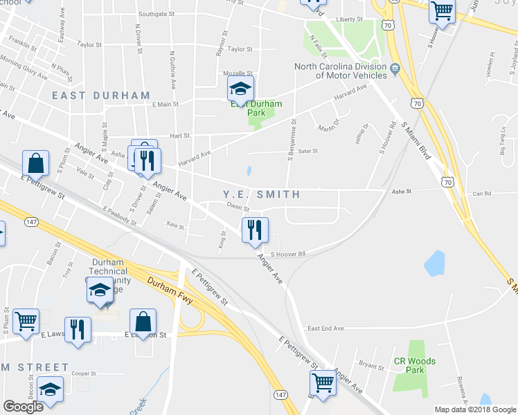 map of restaurants, bars, coffee shops, grocery stores, and more near 2609 Owen Street in Durham