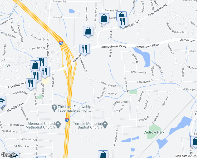 map of restaurants, bars, coffee shops, grocery stores, and more near 1413 Hampstead Drive in High Point