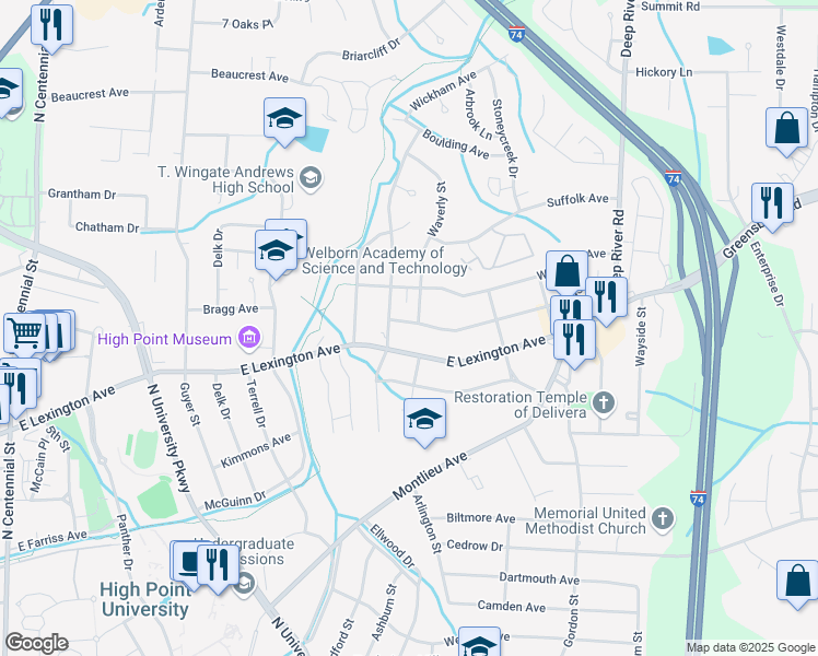 map of restaurants, bars, coffee shops, grocery stores, and more near 2306 Dallas Avenue in High Point