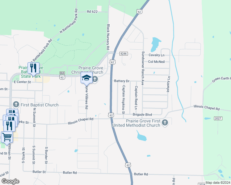 map of restaurants, bars, coffee shops, grocery stores, and more near 611 Captain Stockton Street in Prairie Grove