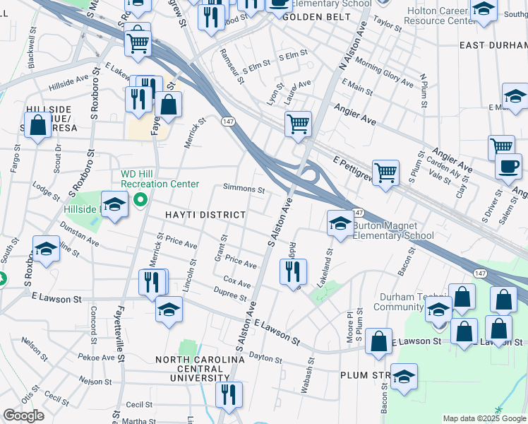 map of restaurants, bars, coffee shops, grocery stores, and more near 625 Hickory Street in Durham