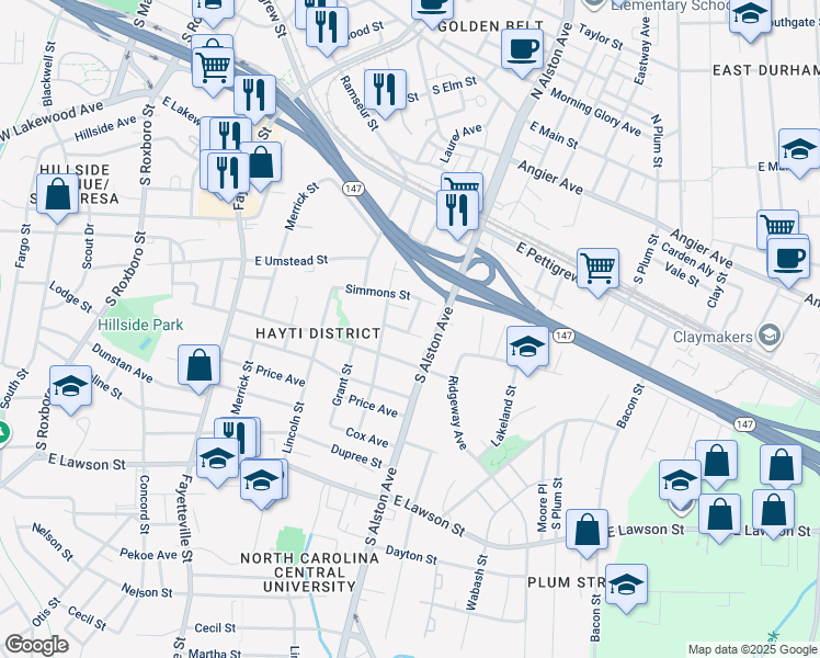 map of restaurants, bars, coffee shops, grocery stores, and more near 625 Hickory Street in Durham
