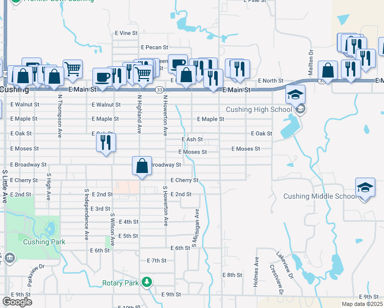 map of restaurants, bars, coffee shops, grocery stores, and more near 1311 East Moses Street in Cushing