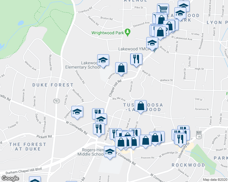 map of restaurants, bars, coffee shops, grocery stores, and more near 2525 Chapel Hill Road in Durham