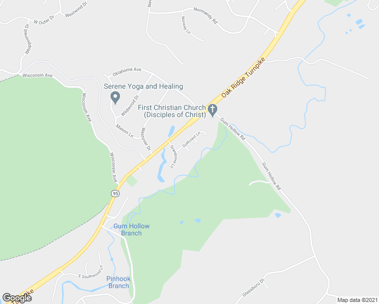 map of restaurants, bars, coffee shops, grocery stores, and more near 110 Greenwood Lane in Oak Ridge