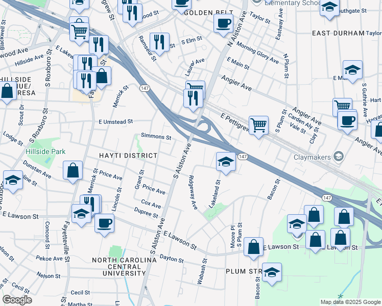 map of restaurants, bars, coffee shops, grocery stores, and more near 611 South Alston Avenue in Durham