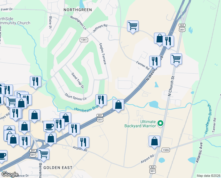 map of restaurants, bars, coffee shops, grocery stores, and more near 609 Eagles Terrace in Rocky Mount