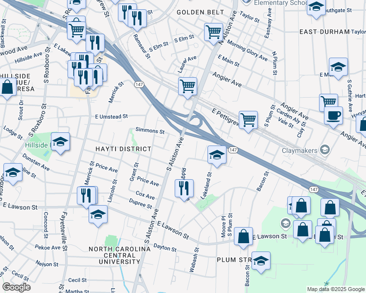 map of restaurants, bars, coffee shops, grocery stores, and more near 611 South Alston Avenue in Durham