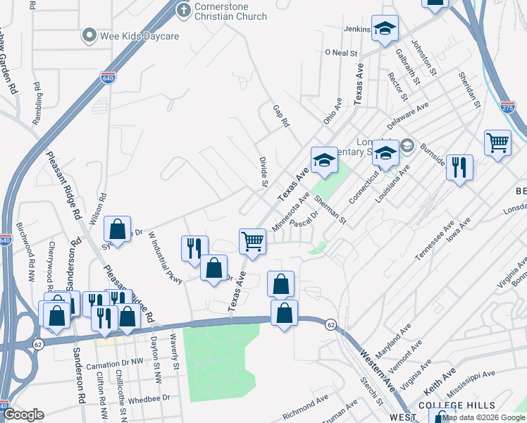 map of restaurants, bars, coffee shops, grocery stores, and more near 2117 Texas Avenue in Knoxville