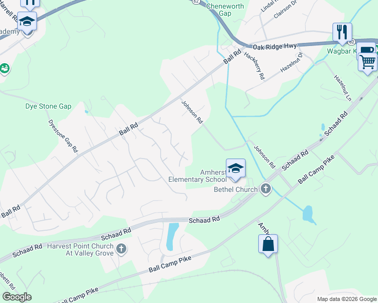 map of restaurants, bars, coffee shops, grocery stores, and more near 3322 Branch Hill Lane in Knoxville