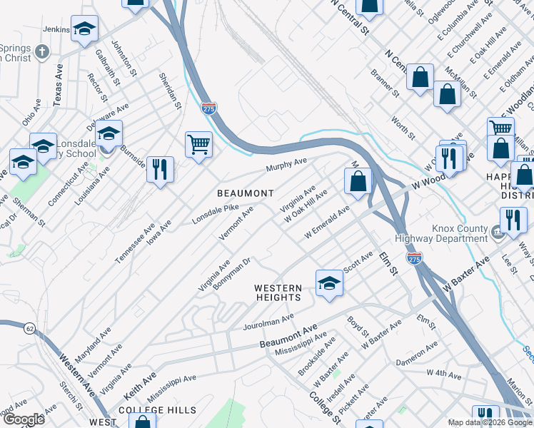 map of restaurants, bars, coffee shops, grocery stores, and more near 1119 Virginia Avenue in Knoxville
