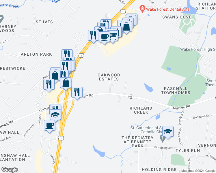map of restaurants, bars, coffee shops, grocery stores, and more near 107 Oakwood Drive in Wake Forest