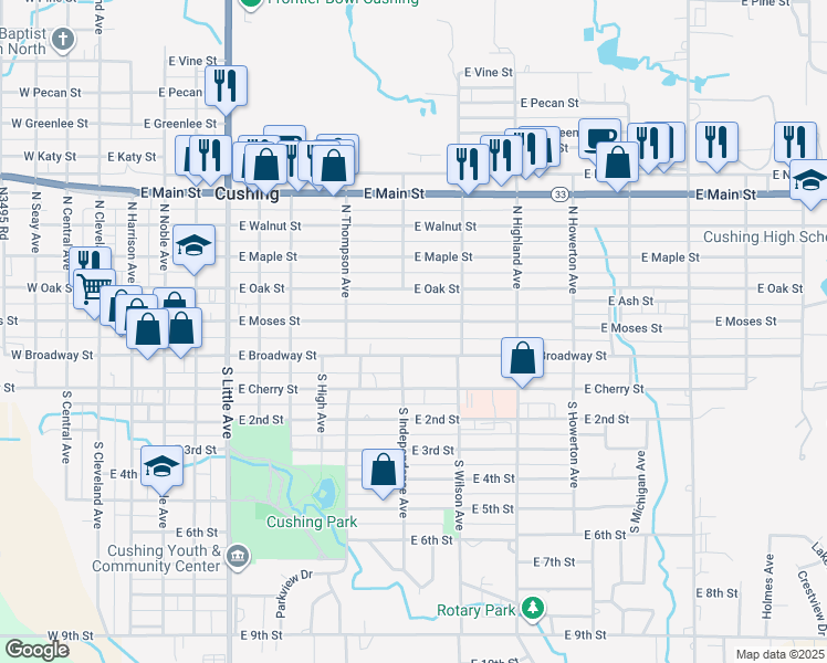 map of restaurants, bars, coffee shops, grocery stores, and more near 905 East Moses Street in Cushing