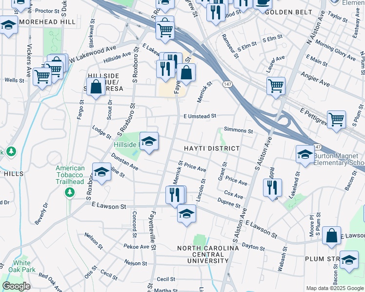 map of restaurants, bars, coffee shops, grocery stores, and more near 1301 State Road 1118 in Durham