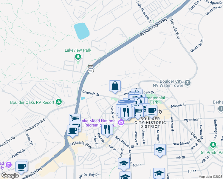 map of restaurants, bars, coffee shops, grocery stores, and more near 1404 Denver Street in Boulder City