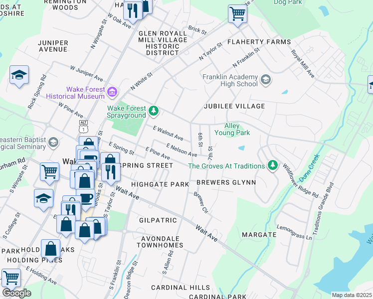 map of restaurants, bars, coffee shops, grocery stores, and more near 629 East Nelson Avenue in Wake Forest
