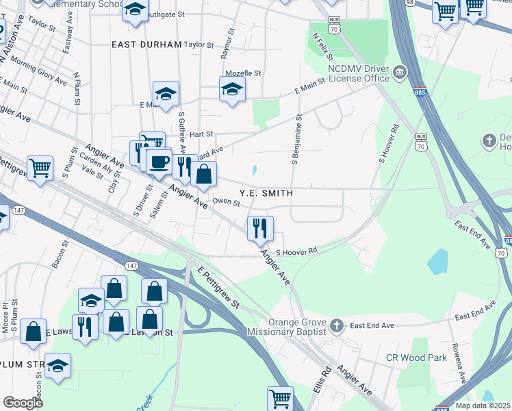 map of restaurants, bars, coffee shops, grocery stores, and more near 2603 Owen Street in Durham