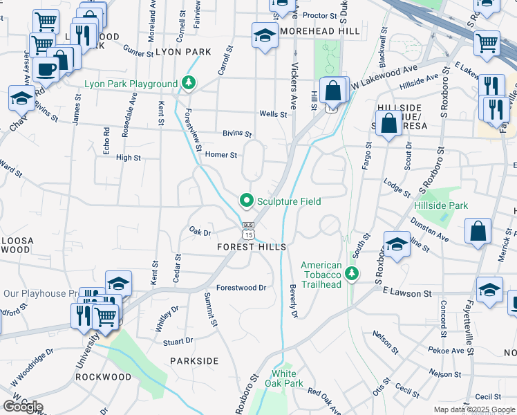 map of restaurants, bars, coffee shops, grocery stores, and more near 1636 University Drive in Durham