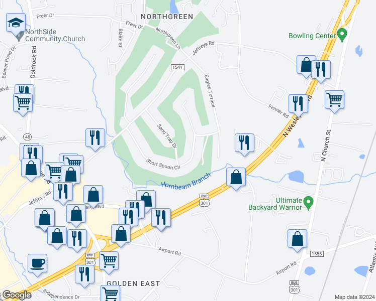 map of restaurants, bars, coffee shops, grocery stores, and more near 713 Short Spoon Circle in Rocky Mount