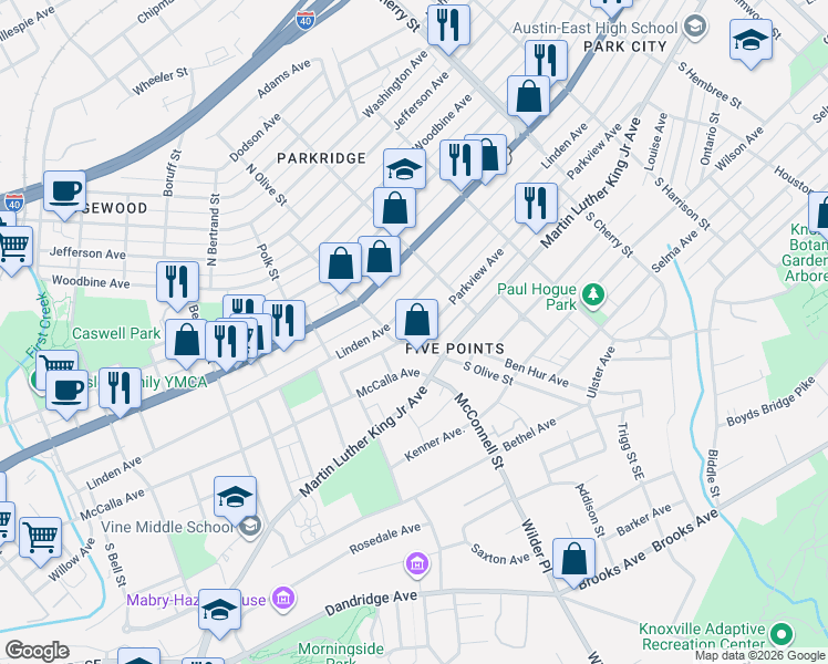 map of restaurants, bars, coffee shops, grocery stores, and more near 2306 Parkview Avenue in Knoxville