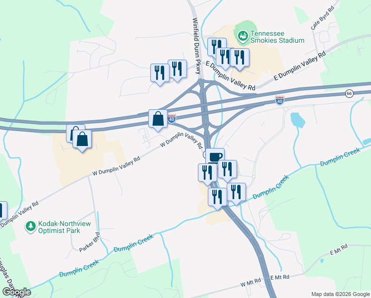 map of restaurants, bars, coffee shops, grocery stores, and more near 119 W Dumplin Valley Rd in Sevierville