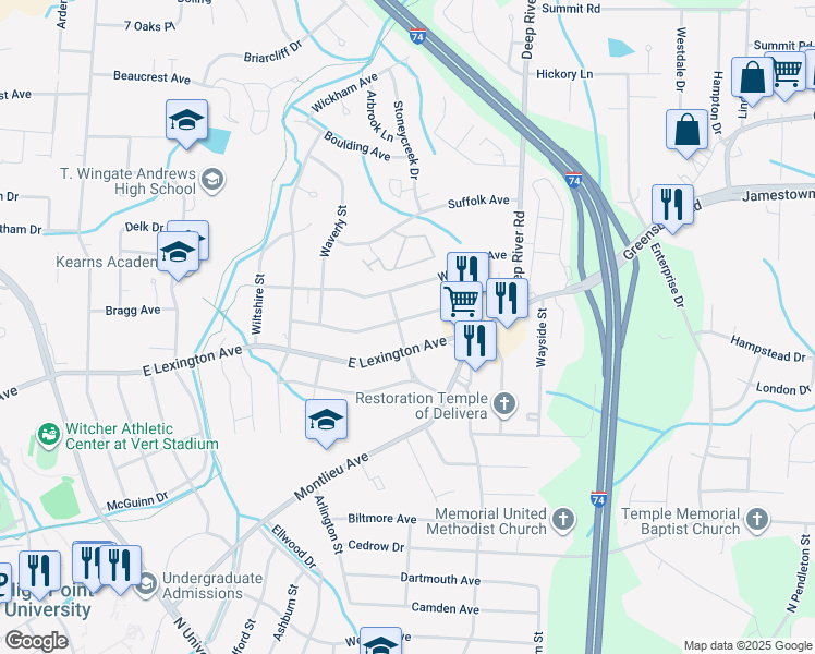 map of restaurants, bars, coffee shops, grocery stores, and more near 1404 Darden Street in High Point