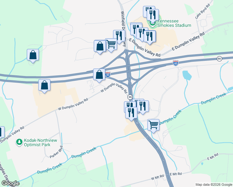 map of restaurants, bars, coffee shops, grocery stores, and more near 119 W Dumplin Valley Rd in Sevierville