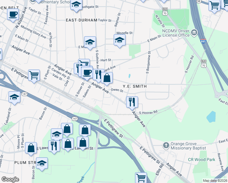 map of restaurants, bars, coffee shops, grocery stores, and more near 2404 Owen Street in Durham