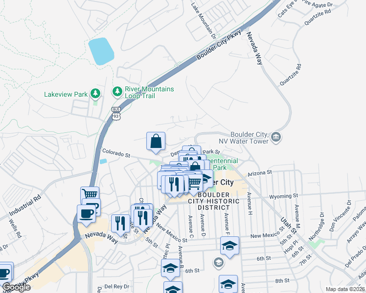map of restaurants, bars, coffee shops, grocery stores, and more near 1318 Denver Street in Boulder City