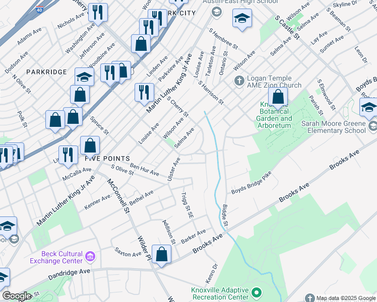 map of restaurants, bars, coffee shops, grocery stores, and more near 718 South Chestnut Street in Knoxville