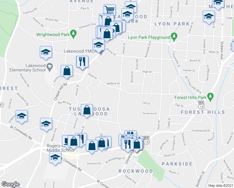 map of restaurants, bars, coffee shops, grocery stores, and more near 1716 James Street in Durham