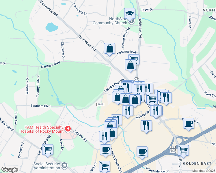 map of restaurants, bars, coffee shops, grocery stores, and more near 31 Cobb Road in Rocky Mount