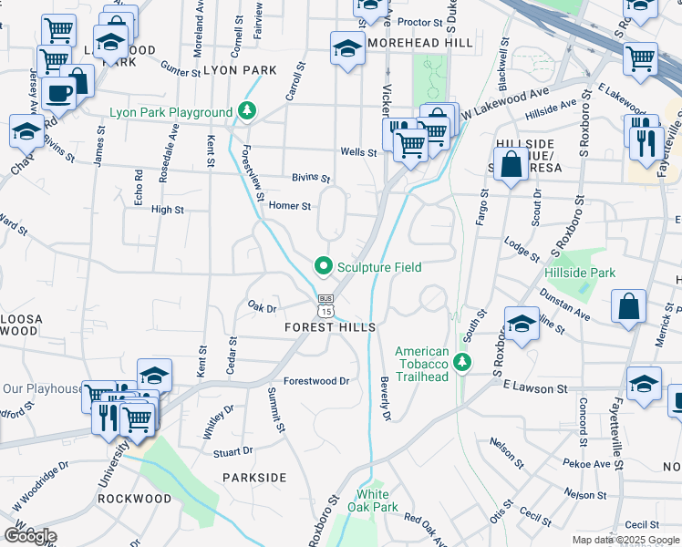 map of restaurants, bars, coffee shops, grocery stores, and more near 1636 University Drive in Durham
