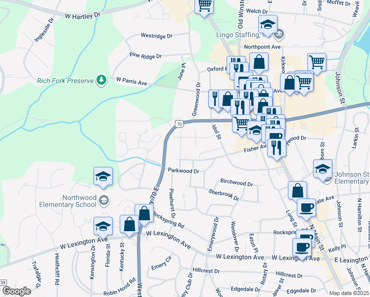 map of restaurants, bars, coffee shops, grocery stores, and more near 1910 Waldo Street in High Point