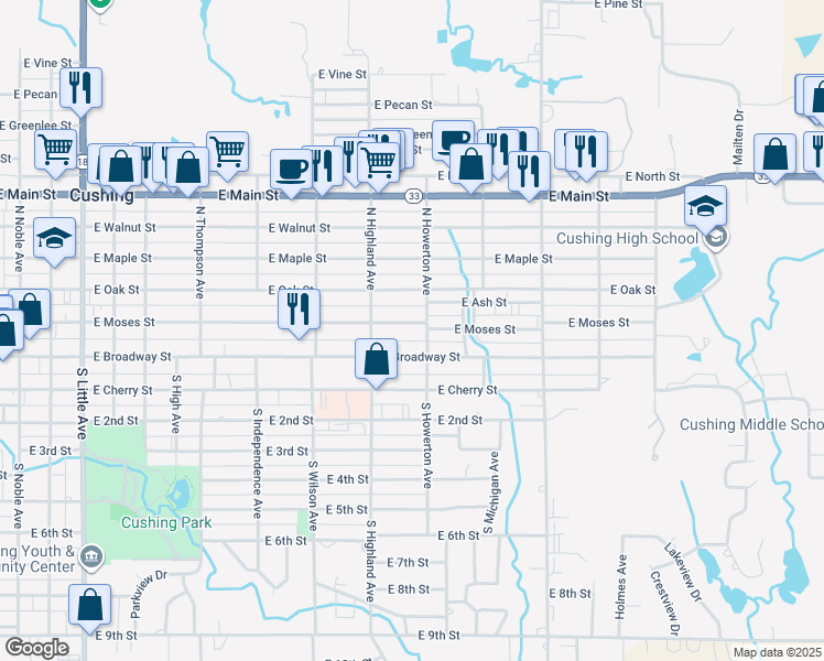 map of restaurants, bars, coffee shops, grocery stores, and more near 1135 East Moses Street in Cushing