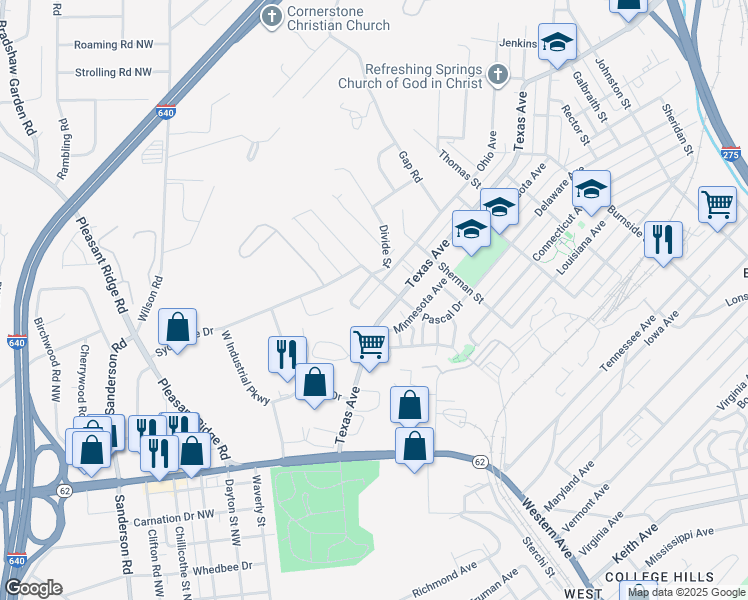 map of restaurants, bars, coffee shops, grocery stores, and more near 2116 Ohio Avenue in Knoxville