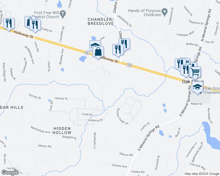map of restaurants, bars, coffee shops, grocery stores, and more near 102 Harvest Oaks Lane in Durham