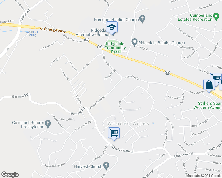 map of restaurants, bars, coffee shops, grocery stores, and more near 2609 Woods-Smith Road in Knoxville