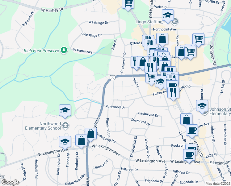 map of restaurants, bars, coffee shops, grocery stores, and more near 1910 Waldo Street in High Point