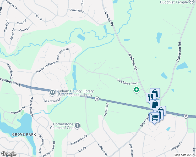 map of restaurants, bars, coffee shops, grocery stores, and more near 4 Gwendolyn Circle in Durham