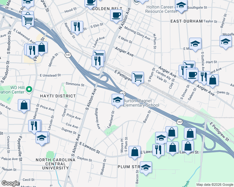 map of restaurants, bars, coffee shops, grocery stores, and more near 422 Lakeland Street in Durham